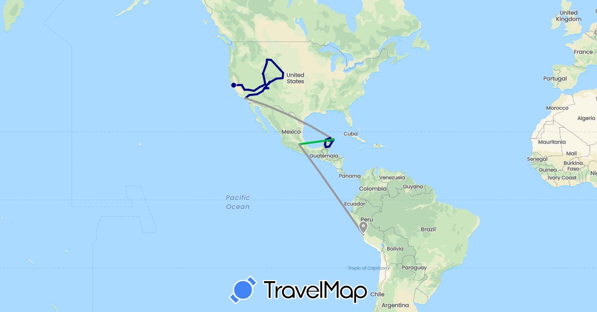 TravelMap itinerary: driving, bus, plane, boat in Mexico, Peru, United States (North America, South America)